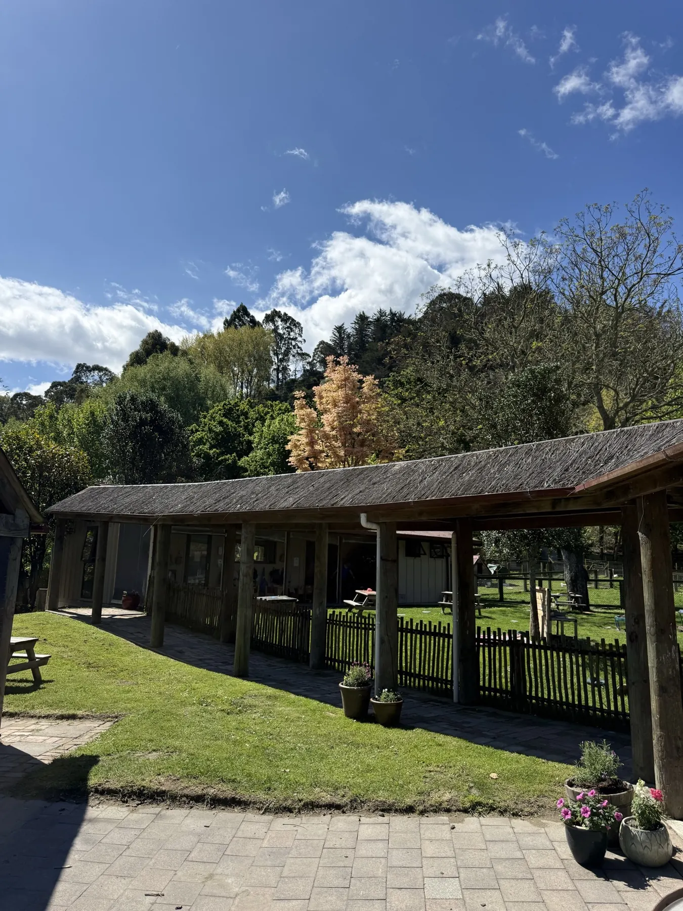 The curved thatched walkway and fence at Tātua, with lawn and trees behind