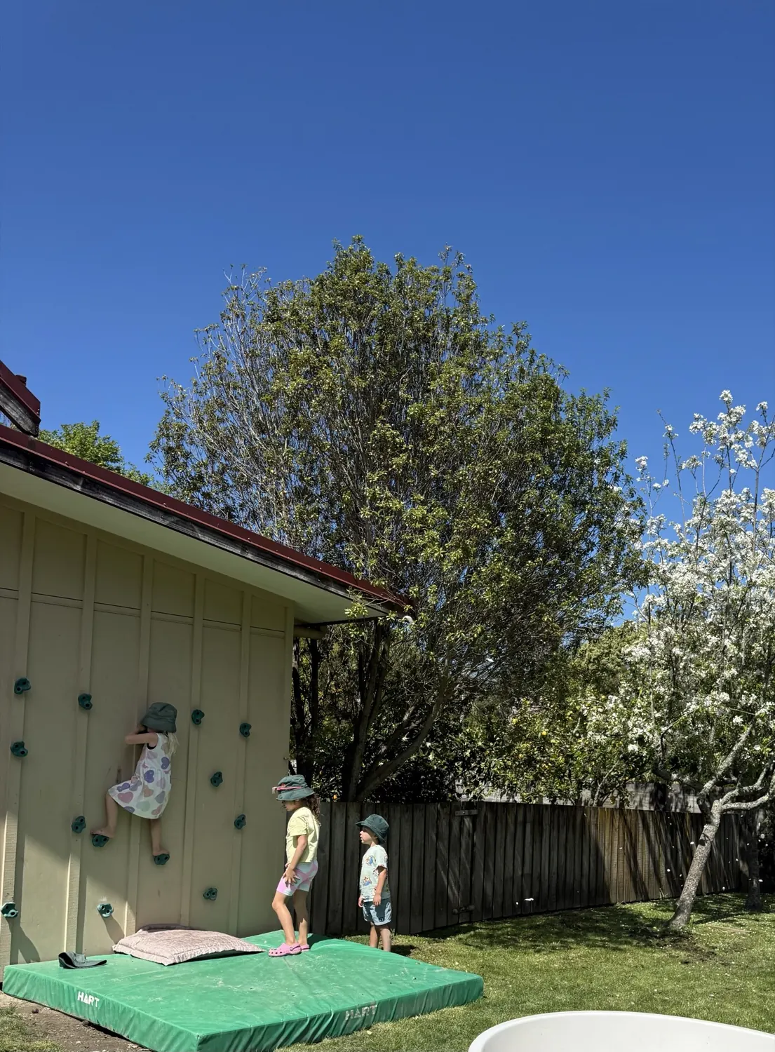 Children climbing the climbing wall under a blue sky